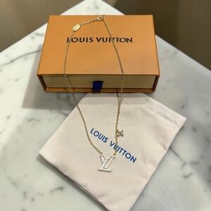 Louis Vuitton Gold LV Crystal Pendant Necklace w/ Box & Bag